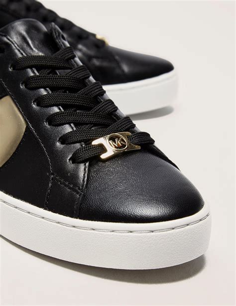 michael kors black leather sneakers with gold|Michael Kors black designer sneakers.